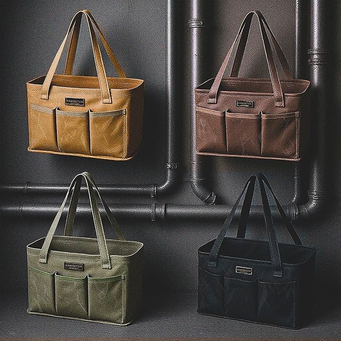 Tool Bag with Metal Frame, Waxed Canvas Wide Open Top Tool Tote Bag with 7 External Pockets, 13.5 x 7.8 x 7.8 Inches (ArmyGreen)