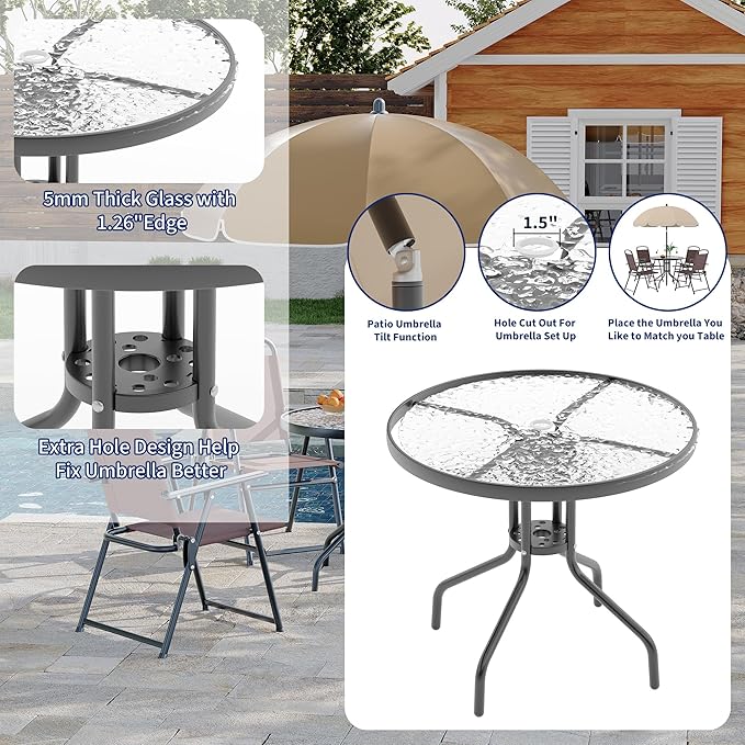 Outdoor Dining Set With Umbrella, Tempered Glass Top Dining Table and 4 Folding Chairs With Umbrella, 6 Pieces Garden Patio Furniture Set for Garden and Backyard
