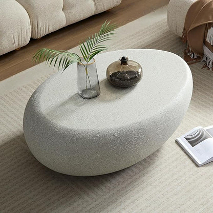 kevinplus 43.31 Modern Oval Coffee Table for Living Room, Contemporary Rustic Style Curved Coffee Table, Fiberglass Material & Grainy Stone Paint, No Assembly, Beige