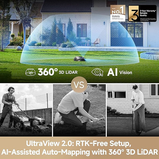 MOVA LiDAX Ultra 1000 Robot Lawn Mower Wire Free for 1/4 Acre, RTK-Free+360° 3D LiDAR+AI Vision Auto Mapping, Zero-Edge Cutting, Cutting Height 1.2"-3.9", 45% Slope, Up to 150 Managed Zones Dual Maps