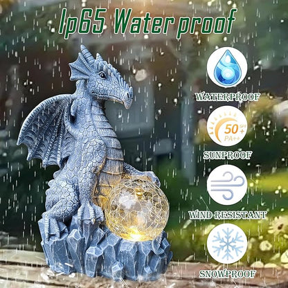 Solar Dragon Garden Statues Outdoor Decor, Resin Dragon Figurine with Solar Crackle Globe LED Lights Lawn Patio Balcony Art Decoration,Housewarming Gifts and Yard Ornament