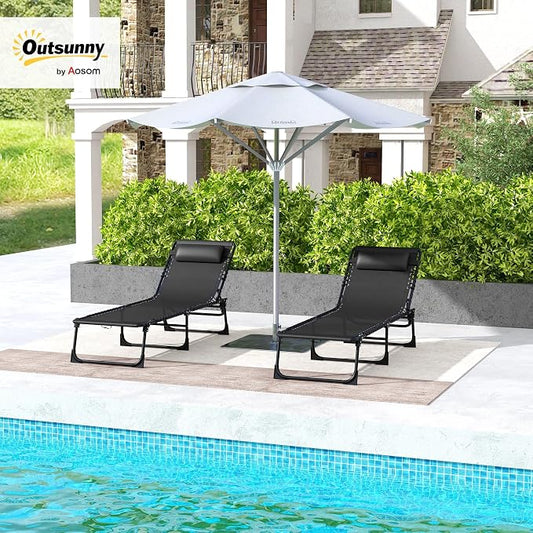 Outsunny Folding Chaise Lounge Chair Outdoor Set of 2 Mesh Seat Black | Foldable, Sun Tanning Chair, Chaise Lounger, 4-Position Reclining Back, for Outside Patio Beach Poolside Backyard