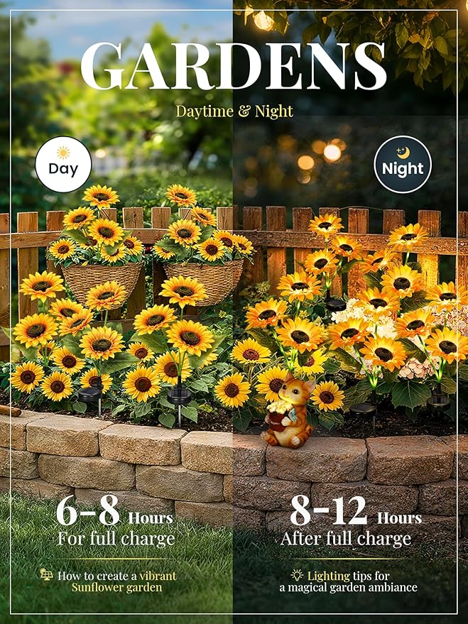 GIGALUMI Solar Garden Lights Artificial Sunflowers, LED Garden Decor Carefree Sunflower Solar Lights Outdoor Yard Decorations Outdoor, Everlasting Sunflower Decor Gift for Yard Patio (Set of 2)