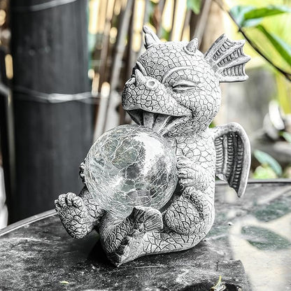 Garden Dragon Statue Solar Powered Outdoor Figurine Light Decor Cute and Hold Glowing Glass Ball Resin Sculpture Home Decoration for Porch Patio Lawn Farm Yard Housewarming Ornament Gift