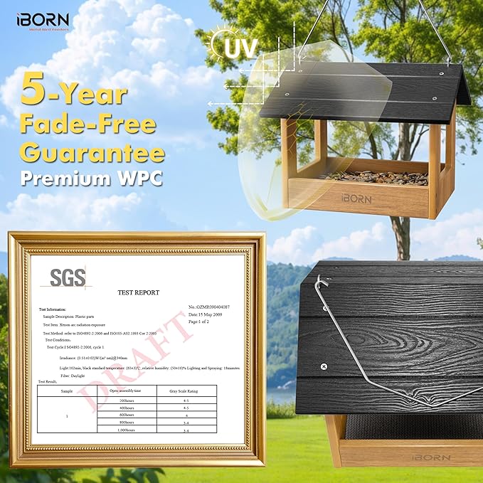 iBorn Pavilion Bird Feeder, Covered Platform Bird Feeder for Outdoors Hanging, WPC Recycled Plastic & Waterproof, Black
