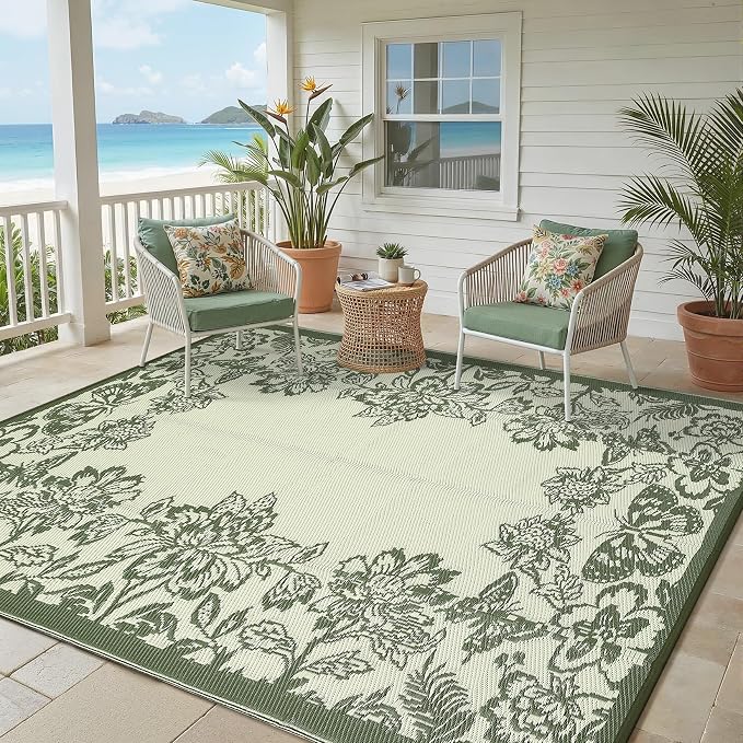 Garvee 5’x8’ Waterproof Patio Outdoor Rug, Outdoor Plastic Straw Rug for Camping, RV Mat Outside, Indoor Outdoor Carpet for Porch, Deck, Backyard, Balcony, Picnic, Ssage Green & White