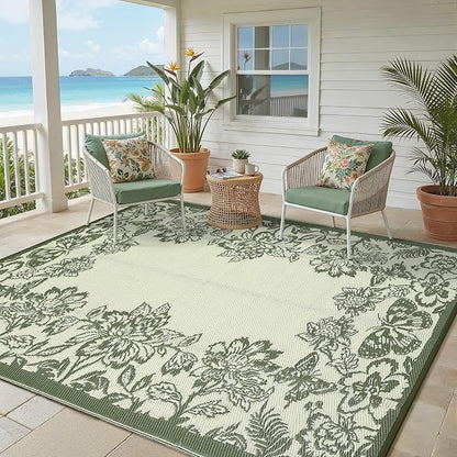 Garvee 5’x8’ Waterproof Patio Outdoor Rug, Outdoor Plastic Straw Rug for Camping, RV Mat Outside, Indoor Outdoor Carpet for Porch, Deck, Backyard, Balcony, Picnic, Ssage Green & White