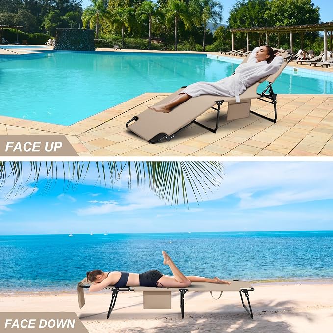 400lbs Tanning Chair with Face Hole, 5-Position Folding Chaise Lounge Chair with Side Pockets, Portable Beach Lounge Chair for Outdoor Sunbathing Patio Pool Lawn, Beige