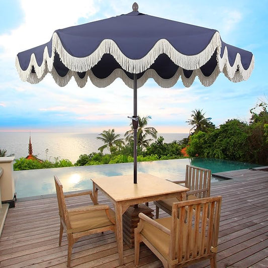 JONATHAN Y UMB1001 Collins 9 ft. Classic Cottage Tassel Market Patio Umbrella with Auto-Tilt, Crank, Wind Vent and UV Protection