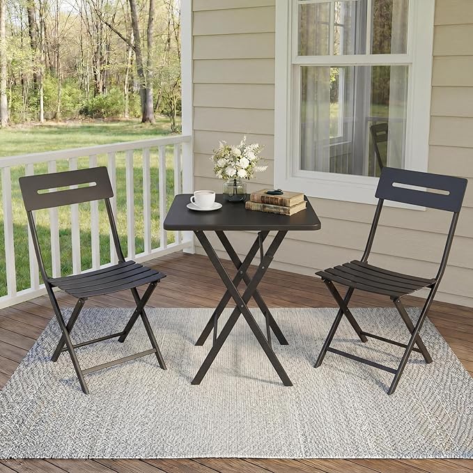 GarveeTech 3-Piece Folding Bistro Set, Heavy Duty Outdoor Patio Furniture with 2 Chairs & 1 Table, Weather-Resistant Steel Frame, No Assembly Required for Garden, Yard, Balcony,Black