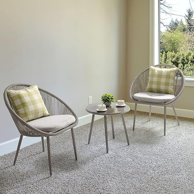 NUU GARDEN 3 Piece Outdoor Bistro Set, Woven Rope Conversation Patio Set, All Weather Patio Furniture Chairs and Table with Cushions for Garden, Deck, Backyard, Balcony, Porch, Beige