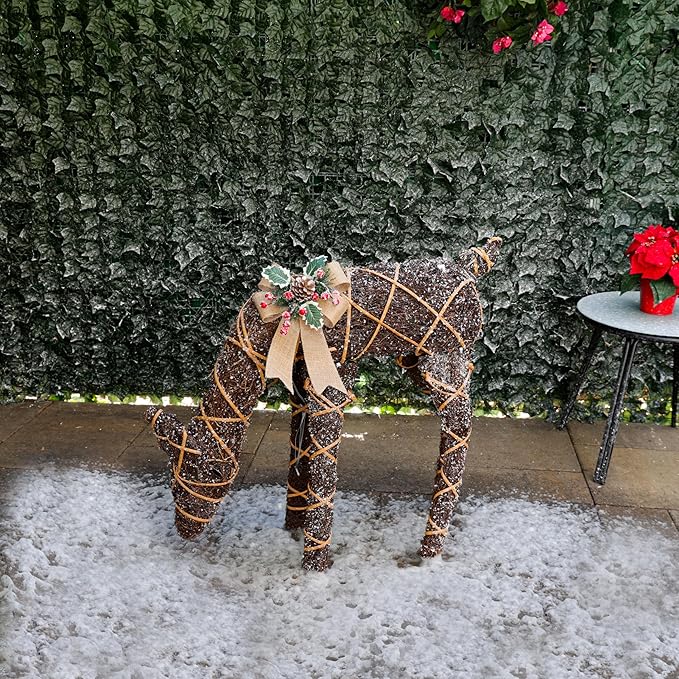 Alpine Corporation 29" Tall Natural Twig Wrapped Rattan Grazing Deer with Warm White LED Lights, Indoor/Outdoor Rustic Holiday Decoration, Brown