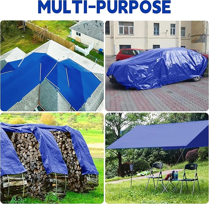 Tarp 10x12 ft 100% Waterproof Uv Resistant High Durability Multipurpose 5mil Blue Tarp for Covering Courtyards, Cars, Camping, Gardens, Pet Nests -by MVPNET