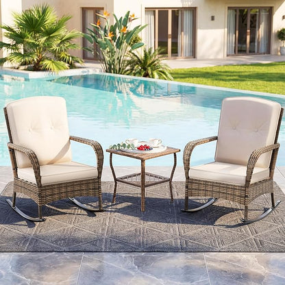 DECMICO 3 Pieces Rocking Bistro Set, Wicker Outdoor Rocking Chair with Washable Cushions, Rattan Rocking Chairs with Rattan Table, Outdoor Wicker Chair for Patio Backyard Porch Garden