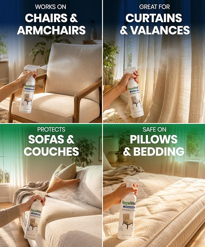 RepelWell Upholstery Protect Stain & Water Repellent Spray (12oz) Eco-Friendly, Pet-Safe Spray Keeps Your Fabric, Leather & Suede Upholstery Looking Like New