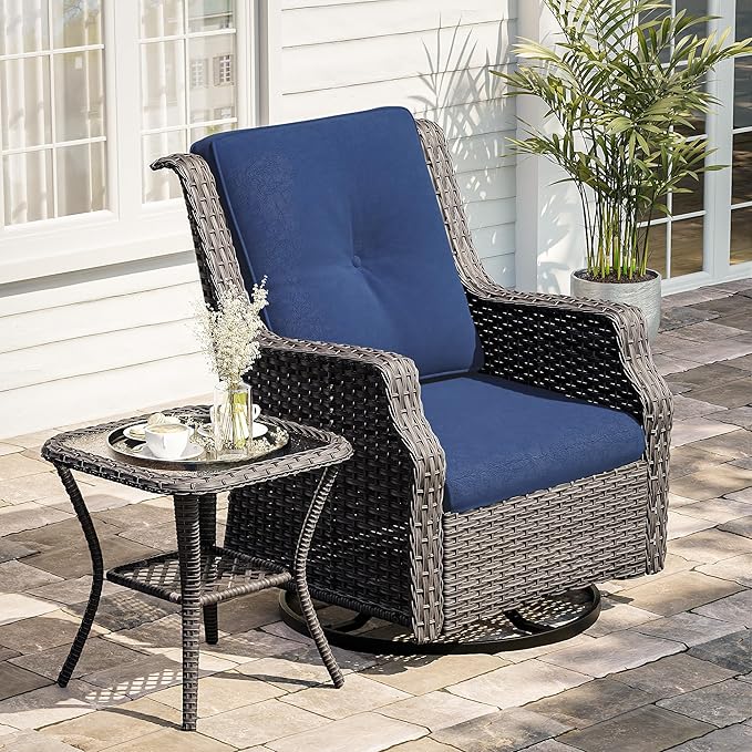 Outdoor Swivel Rocker Patio Chair with Matching Side Table - 360 Degree Patio Swivel Glider Chair with 3.5" Olefin Cushions(Mixed Grey/Blue)