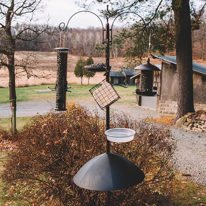 Backyard Expressions 90" Bird Feeding Station for Outdoors, Heavy Duty Bird Feeder Pole with Squirrel Baffle, Shepherd Hooks, Suet Cage, Water Bowl & Tray, Multi Hook Bird Feeder Stand for Yard Garden
