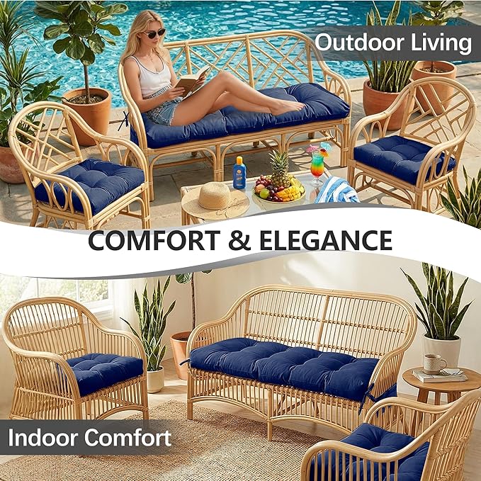 3 Pcs Wicker Chair Cushions Patio Loveseat Chaise Cushion Set - 1200D 47x19*4 Inch Waterproof Wicker Bench Cushions with 2 19x19x4 Inch Chair Cushions for Garden Porch Wicker Patio Furniture(Navy)