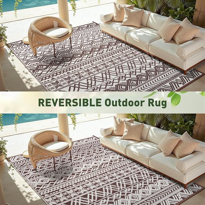 MontVoo-Outdoor Rug Carpet Waterproof 6x9 ft Reversible Patio Rug RV Camping Rug-Plastic Straw Rug Outside Indoor Outdoor Area Rug for Patio Deck Balcony Picnic Beach Outdoor Decor Boho Beige Brown