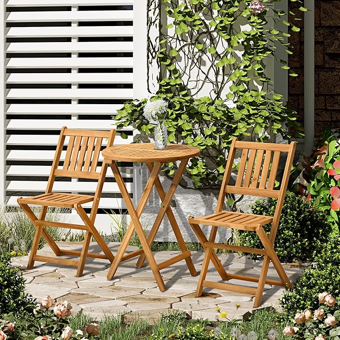 Outsunny 3-Piece Acacia Wood Bistro Set, Folding Patio Furniture with 2 Folding Chairs and Round Coffee Table, Teak, Slatted Finish, for Backyard, Balcony, Deck, Natural