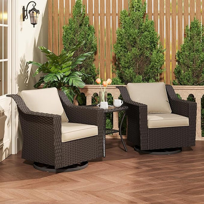 3 Pieces Patio Conversation Furniture Set - 2 Swivel Chairs, 1 Side Table, Outdoor Wicker Rocking Glider Armchairs with Washable Cushions for Porch, Balcony, Sunroom (Beige)