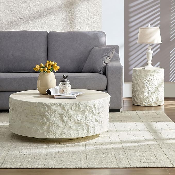 kevinplus ø35.43'' Round Coffee Table for Living Room, Modern Drum Circle Coffee Table, Fiberglass Material, No Assembly, Beige