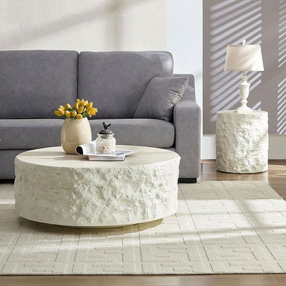 kevinplus ø35.43'' Round Coffee Table for Living Room, Modern Drum Circle Coffee Table, Fiberglass Material, No Assembly, Beige