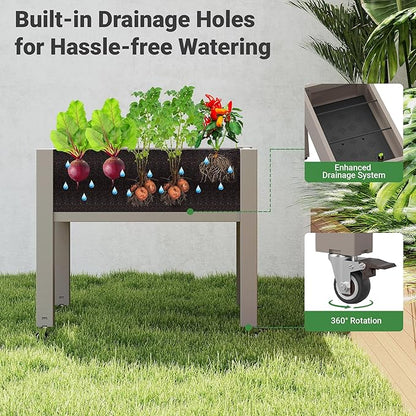 Raised Garden Bed with Wheels - Outdoor Mobile Elevated Resin Planter Box with Drainage Holes for Vegetables Flower Herbs (1 Pack, Gray)
