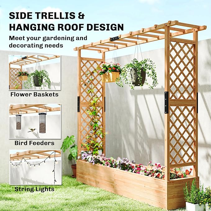 Outsunny Raised Garden Bed with Trellis, Wooden Planter Box with Hanging Roof and Drainage Holes, Outdoor Trellis Planter for Climbing Plants, Vegetables, Herbs and Flowers, 77.2" x 17.3" x 71.3"