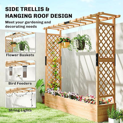 Outsunny Raised Garden Bed with Trellis, Wooden Planter Box with Hanging Roof and Drainage Holes, Outdoor Trellis Planter for Climbing Plants, Vegetables, Herbs and Flowers, 77.2" x 17.3" x 71.3"