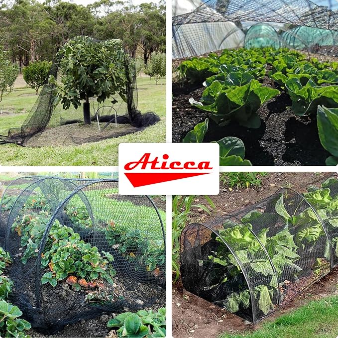 ATICCA Heavy Duty Bird Netting for Garden Protection & Fruit Trees, 7.5x100 Ft with 10 Stakes – Black Anti-Bird Net for Poultry, Deer, & Squirrel Protection, Durable Nylon Mesh for Garden and Yard Use