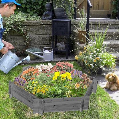 Outsunny Wooden Raised Garden Bed, Hexagon Screwless Outdoor Planter Box Plants, Vegetables, Flowers, Herbs, 39" x 36" x 6", Gray