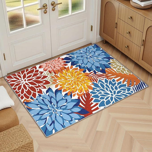 Arenarug 2x3 Colorful Washable Small Rug Tropical Botanical Modern Floral Indoor Chenille Door Mat Carpet Non Slip for Patio, Entry Way, Entrance, Porch, Vivid Dahlia