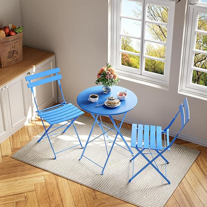 3-Piece Folding Bistro Set, Outdoor Patio Furniture Set with 2 Chairs & 1 Table, Space-Saving Foldable Balcony Garden Set with Heavy-Duty Powder-Coated Steel Frame, No Assembly Required, Blue