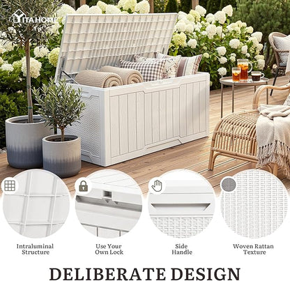 YITAHOME 100 Gallon Large Outdoor Deck Box, Waterproof Resin Storage Box, Lockable Indoor Outdoor Storage Container for Patio Furniture Cushions, Pool Accessories, Garden Tools, White