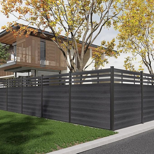 Mondaria Semi-Closed Privacy Fence Panels with 1 Post for Outside, 6ft(W) x 6ft(H), Wind Resistant Wood Plastic Composite Fencing Panels for Patio, Backyard, Garden and Pool, Black