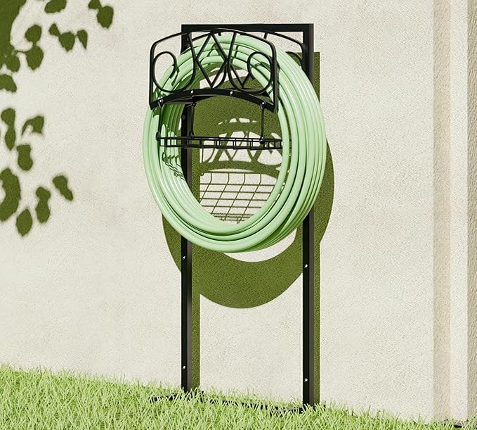 Freestanding Garden Hose Organizer with Black Powder-Coated Finish - Heavy-Duty Detachable Hose Stand Holds 150FT Hose, Includes Storage Basket & Assembly Tools for Outdoor Use