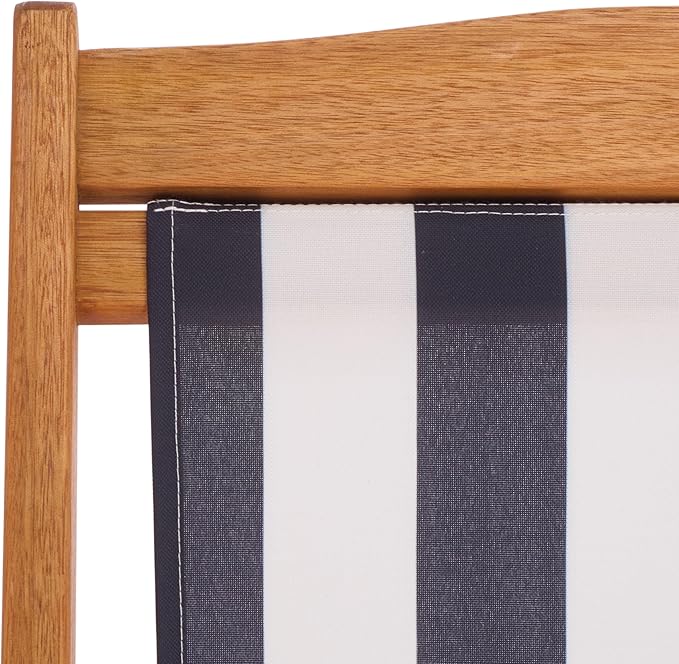 SAFAVIEH Outdoor Patio Furniture Collection – Loren Solid Eucalyptus Wood Folding Sling Chair Set of 2 with Navy & White Striped Fabric Seat, Coastal Style (PAT7040F-SET2)