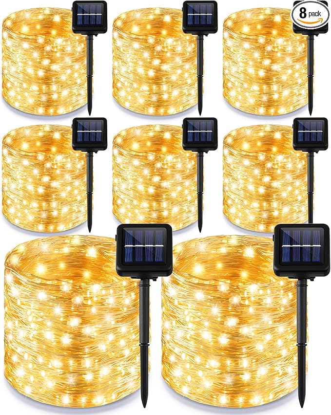 Treela 8 Pack Solar String Lights Outdoor Waterproof Each 240 Led 78ft Solar Fairy Lights Outdoor 8 Mode Led Tree Waterproof Copper Wire Garden Yard(Warm White)