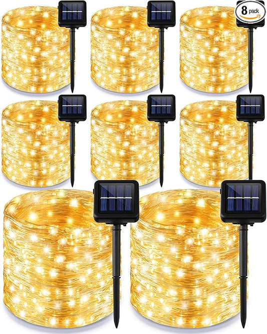 Treela 8 Pack Solar String Lights Outdoor Waterproof Each 240 Led 78ft Solar Fairy Lights Outdoor 8 Mode Led Tree Waterproof Copper Wire Garden Yard(Warm White)