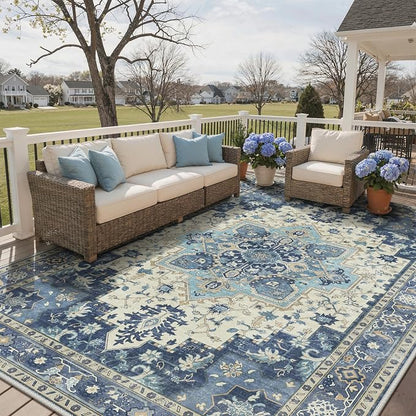 GENIMO Outdoor & Indoor Area Rug 10'x14', Waterproof, Non-Shedding, Easy Cleaning, Boho Mat for Patio, Living Room, Balcony, Dining Room, RV, Deck, Bedroom, Camping, Outside Carpet,Center Blue