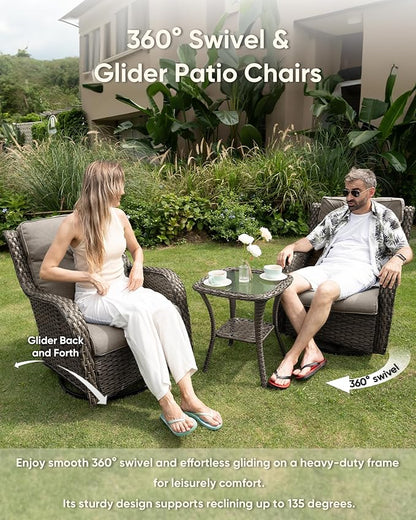 HUMMUH 6-Piece Outdoor Wicker Patio Furniture Set with Swivel Glider Chairs, 3-Seat Sofa & Ottomans 5” Olefin Cushions Ergonomic Neck-Lumbar Backrest All-Weather Rattan for Garden, Deck, Porch