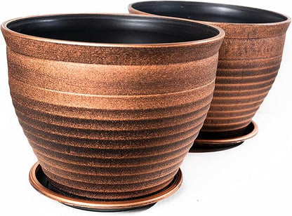 Circle Pattern 2 Pack Rustic French Country Look (2 Pots + 2 Matching Saucers) Plastic Planter for Indoor, Outdoor, Nursery, Garden, Patio, Office, Home Décor Use. Long Lasting, Lightweight (Copper)