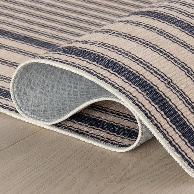 Dash & Albert Axiom Navy Machine Washable Rug, 7.5 X 9.5 Feet, Blue/Ivory Stripe Pattern
