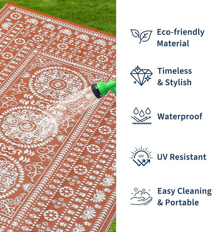Garvee Reversible Outdoor Rug 9x18 for Patio, Waterproof Outdoor Area Rug, Modern Medallion Indoor Outdoor Rugs, Plastic Straw Rug for RV, Camping, Deck, Vintage Terracotta