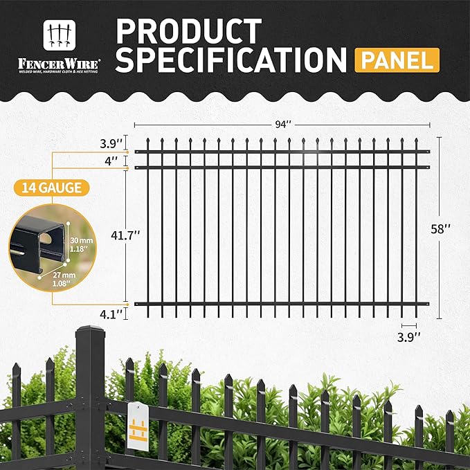 Fencer Wire 52FT Heavy Duty Pinnacle Fence Barrier Kit, Anti-Rust Metal Steel Fence with 5FT Height X 8FT Width Panels, Gate, Posts, Connectors, 2” Diameter Outdoor Fencing for Yard, Pool, Patio