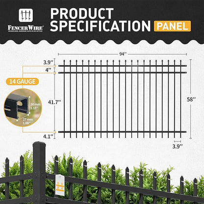 Fencer Wire Heavy Duty Pinnacle Fence Barrier Panel, 5FT Height X 8FT Width Anti-Rust Metal Fencing Panel, 2” Diameter Steel Outdoor Decorative Garden Fence Panel for Yard, Pool, Patio, Single Panel