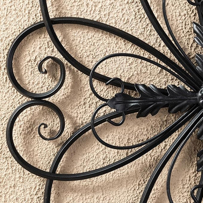 Glitzhome Black Metal Wall Art Decor, 20 Inch Iron Wall Decor with Heart and Petal Scroll Design, Indoor Outdoor Wall Accent for Garden Porch Patio