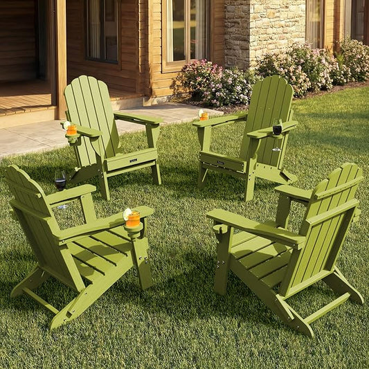 Adirondack Chairs Set of 4, Foldable Adirondack Chairs with 2 Cup Holder, Wood Texture HDPE Fire Pit Chairs, Outdoor Lawn Chair for Patio Garden, LemonGreen