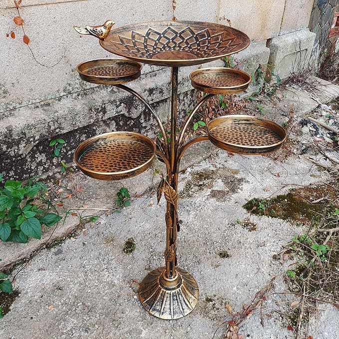 33.5 "H Metal Bird Bath for Outside with 4-Bird Feeder & Cast Iron Base, BirdBaths for Outdoors,Garden Patio Decor for Yard